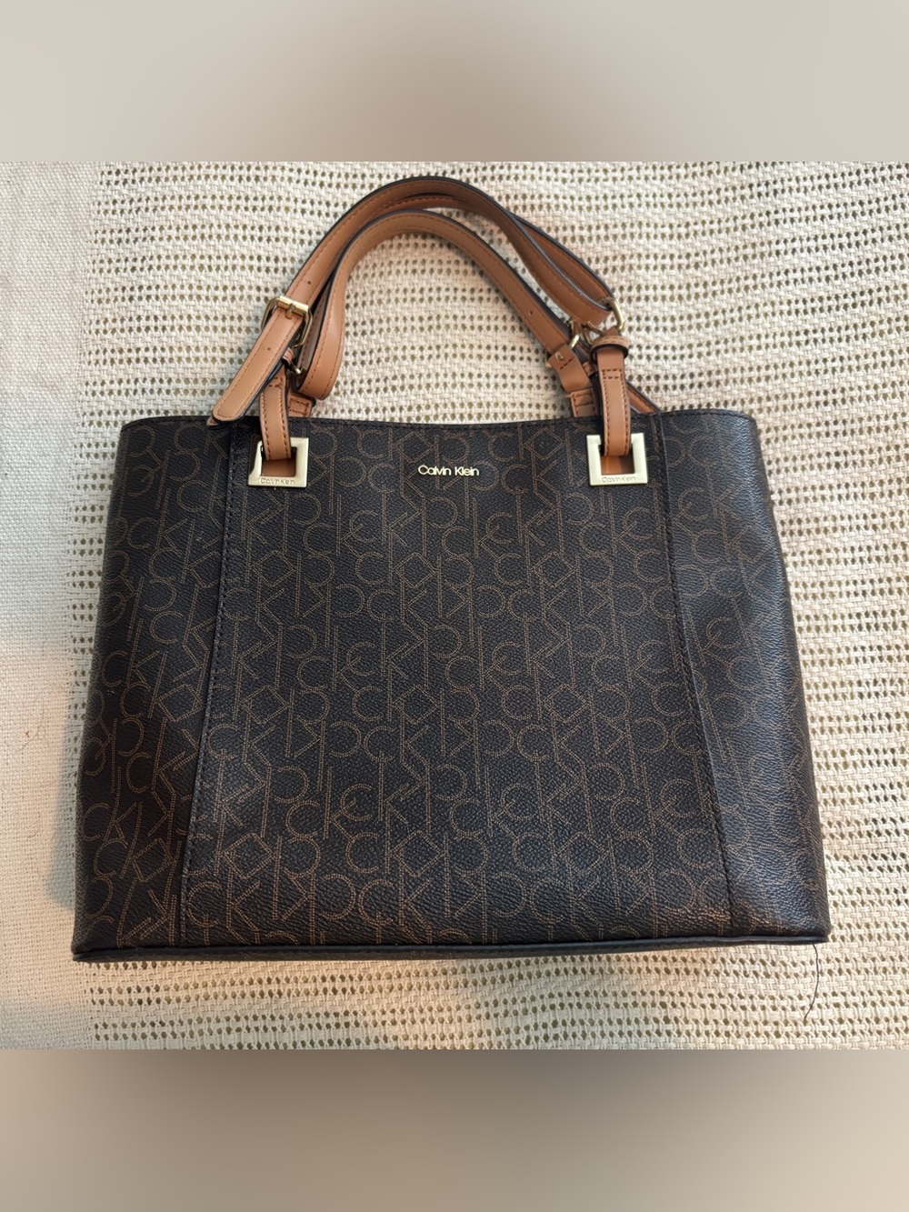 Calvin Klein Dark Brown Monogram Tote with Tan Handles, used twice